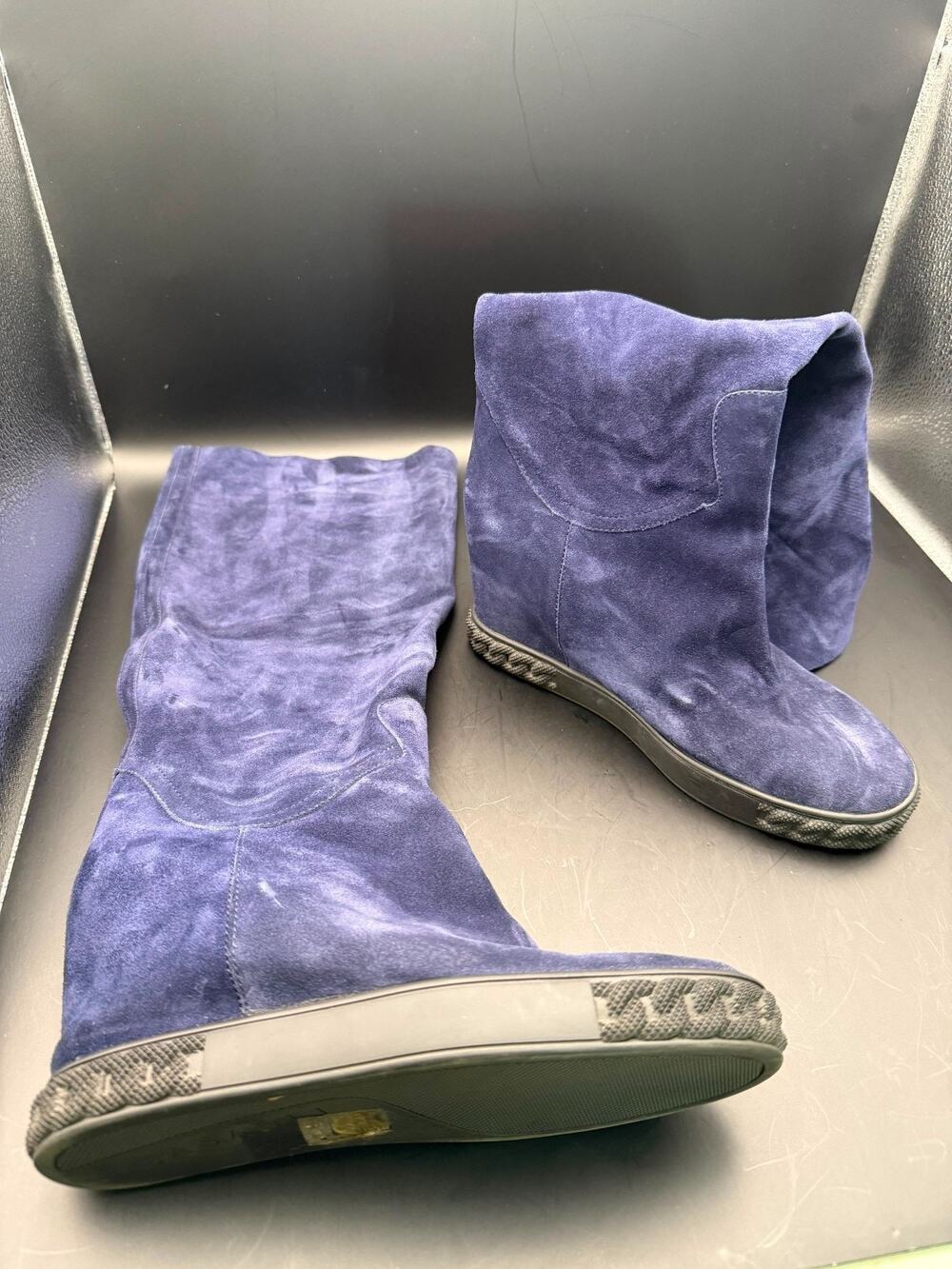 Casadei Blue Suede Pull On Mid Calf Boots Made In Italy